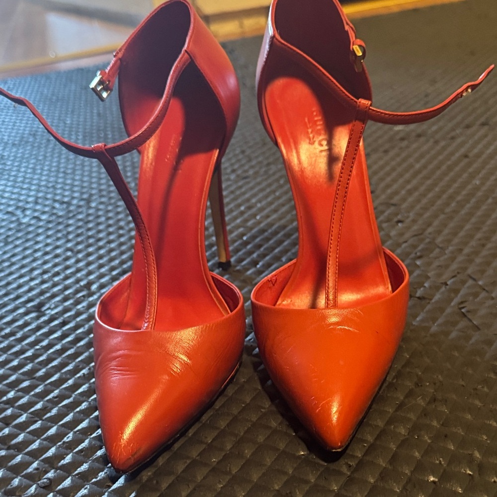 Gucci Red Pointed-Toe T-Strap Stiletto Heels